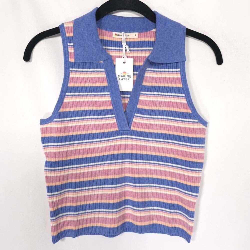 MARINE LAYER Women's New Amelia Rib Polo SMALL Cropped Top Indigo Multi Stripe